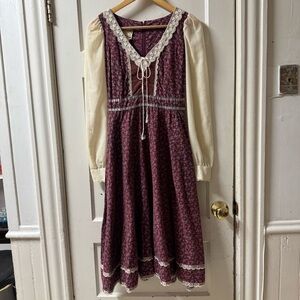 Gunne Sax Vintage Maroon and Ivory Long Sleeve Prairie Dress